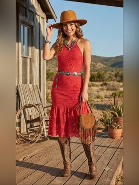 Stunning Red Lace Halter Midi Dress by forever 21 size S like new